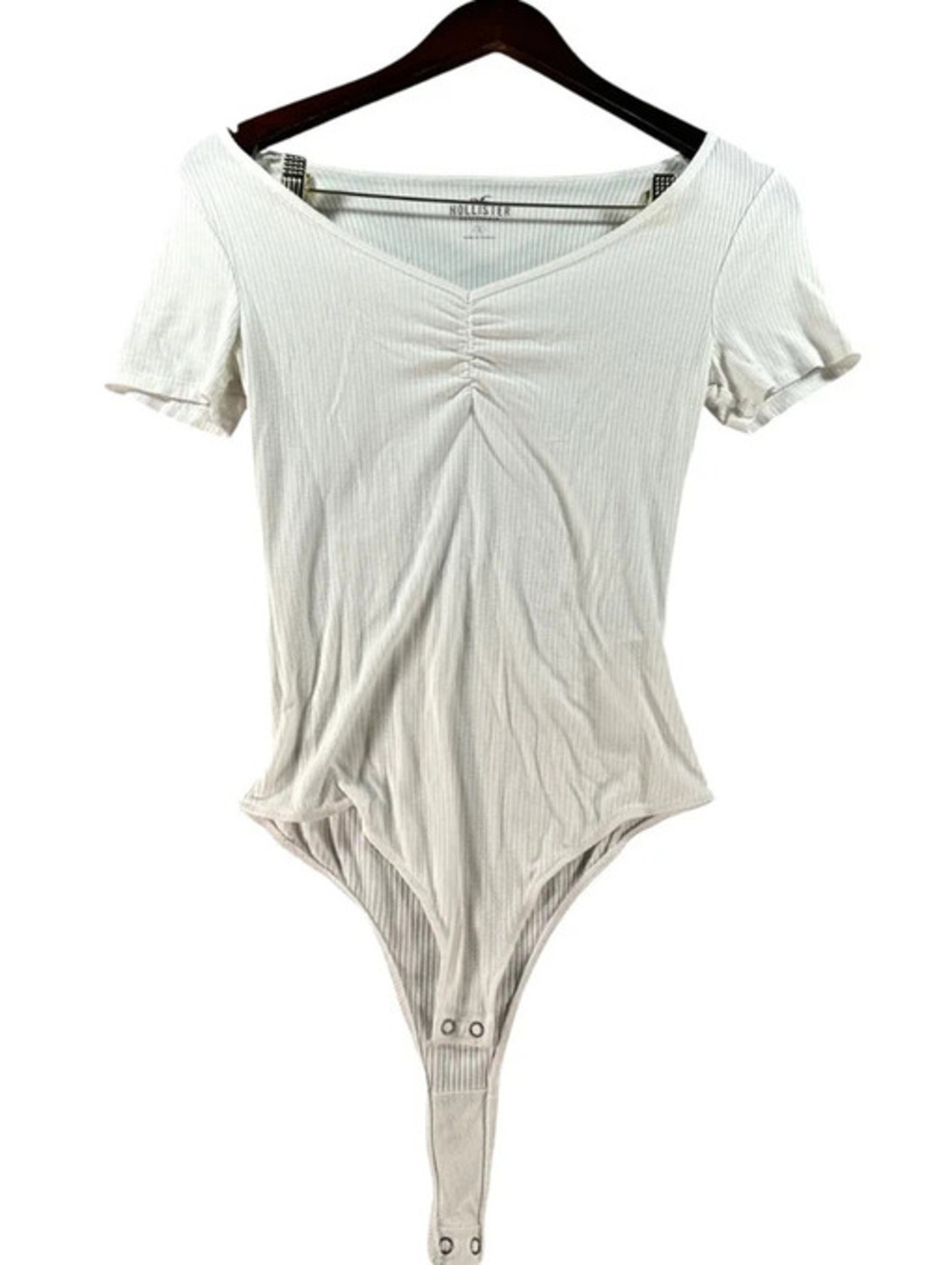 Hollister White Ribbed Ruched Bodysuit – Size Small C0053